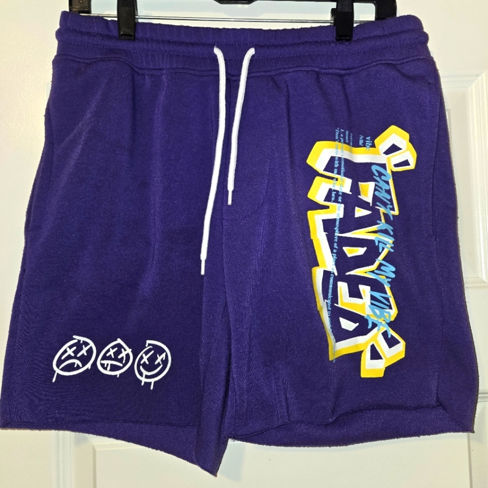 Purple and Yellow Graphic Men's Athletic Shorts, Size S